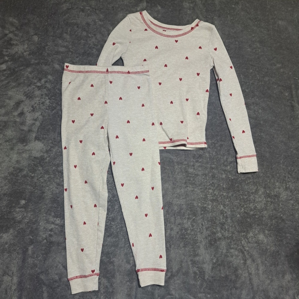 Laura Ashley Girls Waffle Knit Pajama Set Cream Red Hearts 2 Piece Sleepwear